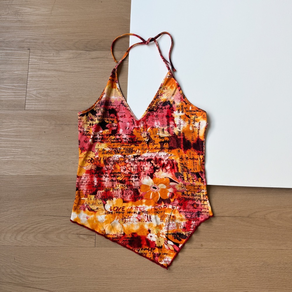 Vintage Y2K Red Orange Graphic Handkerchief Hem Halter Top Small Fairycore
